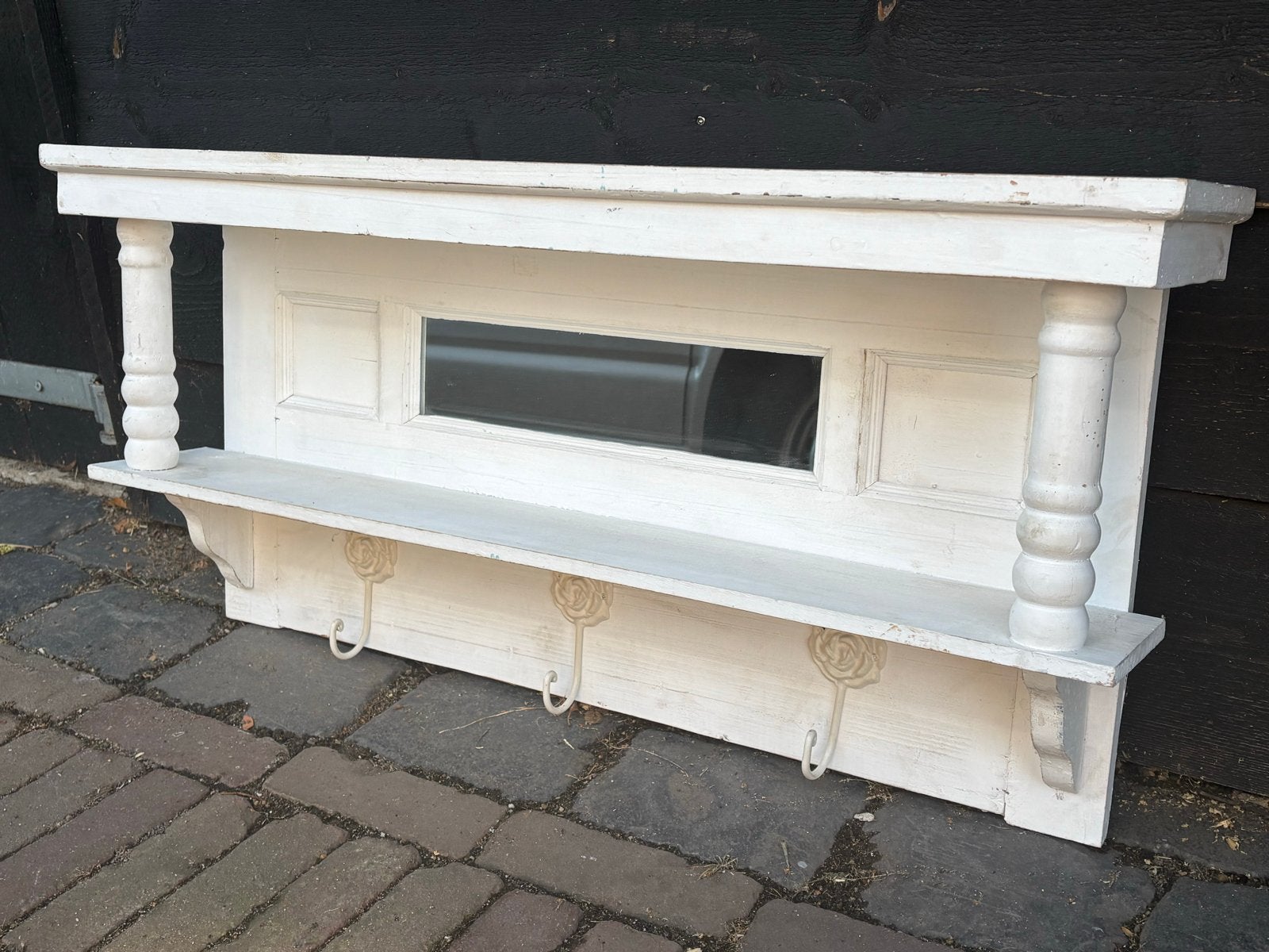 Witte wandkapstok met spiegel en 3 haken, Huis en Inrichting, Wandkapstok, Gebruikt, Ophalen of Verzenden, Minder dan 100 cm