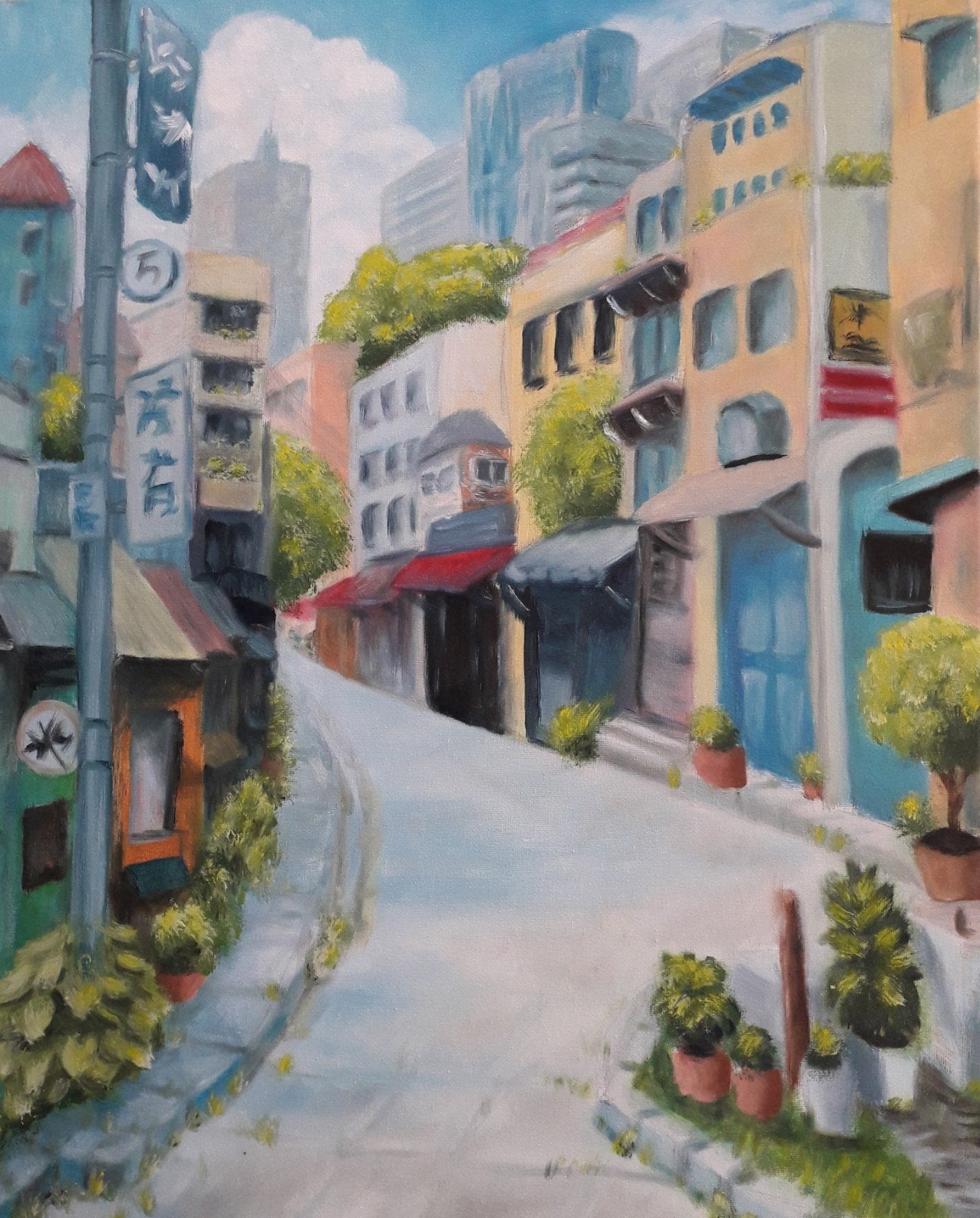 Schilderij Olieverf Stadsgezicht Aziatische Straat 40x50 cm, Doek, Realistisch, Ophalen of Verzenden, Olieverf