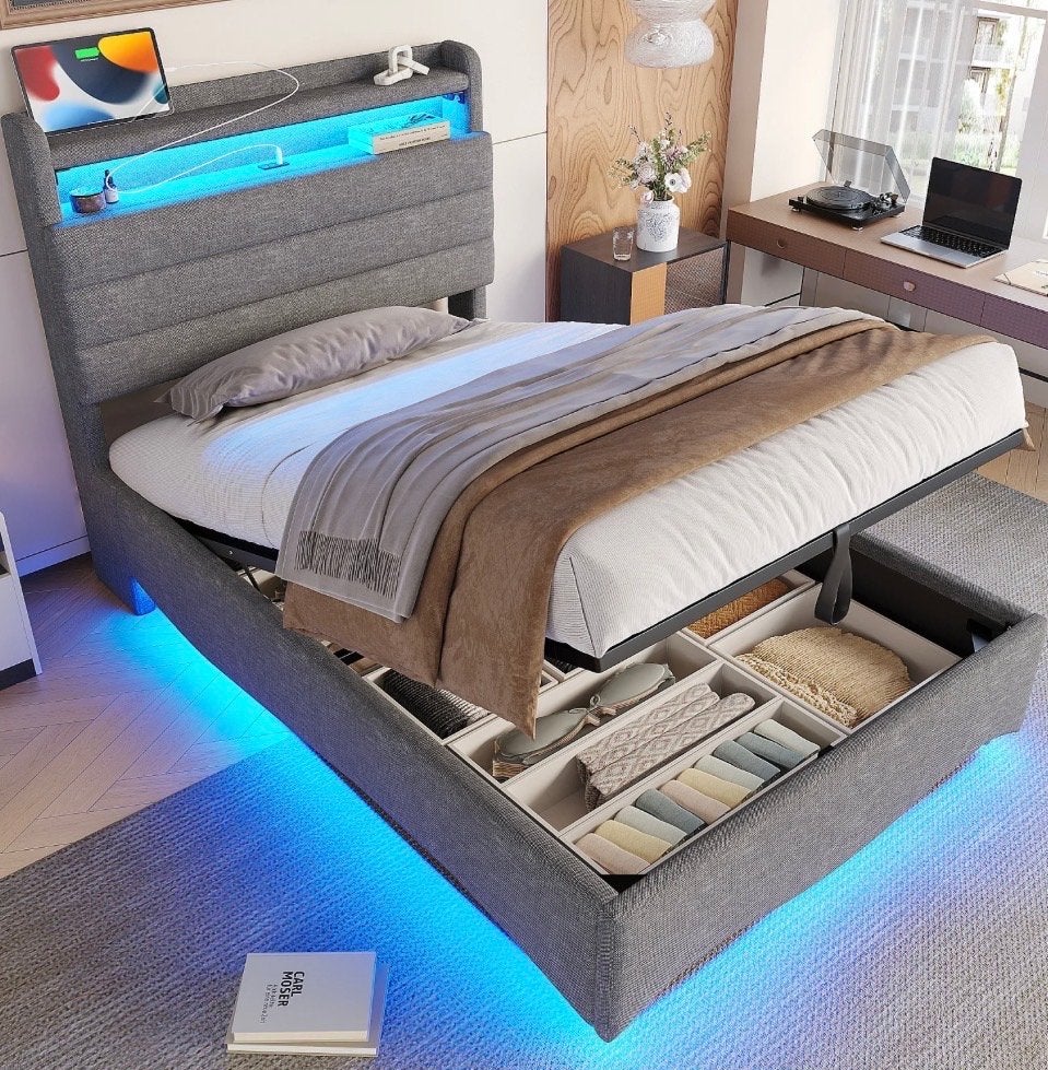 Nieuw eenpersoonsbed 90x200 met opbergruimte en LED, Ophalen, 90 cm, Eenpersoons, Nieuw