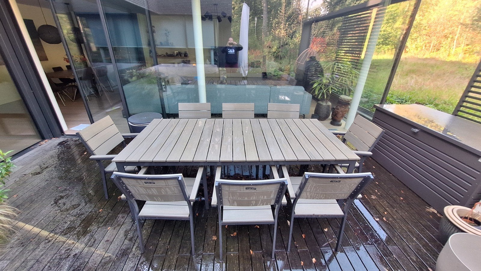 Tuintafel 220x100cm met 8 stapelbare stoelen, Tuin en Terras, Ophalen, Zo goed als nieuw, Rechthoekig