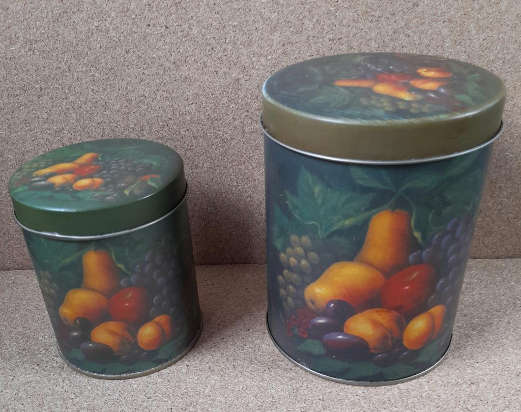 Vintage blikken voorraadbus set met fruitmotief 2 stuks, Ophalen of Verzenden, Gebruikt, Overige, Overige merken