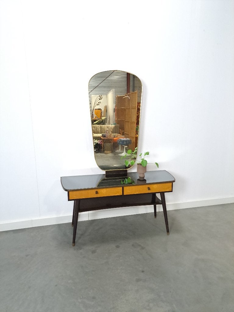Sidetable met lades en grote spiegel gouden rand, kaptafel, Gebruikt, 100 tot 150 cm, 100 tot 150 cm, Vintage