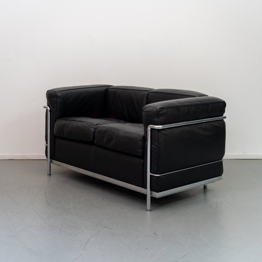4x Cassina LC2 2-zitsbank Le Corbusier Zwart Leer, Niet ingevuld, Niet ingevuld, 75 tot 100 cm, Ophalen of Verzenden