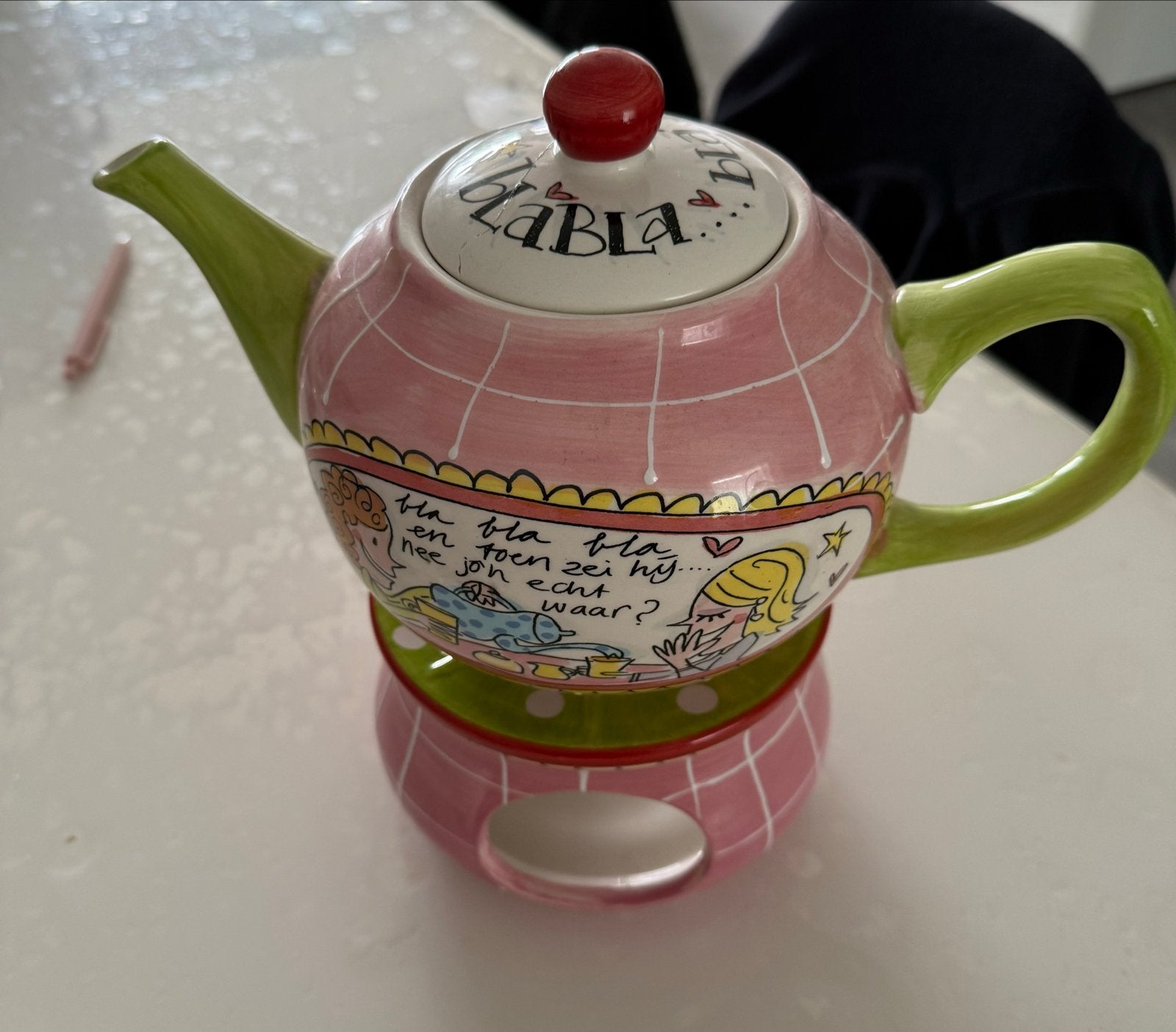 Blond Amsterdam theepot met theewarmer - Bovendeksel schade, Gebruikt, Ophalen of Verzenden, Steen/keramiek, Meerkleurig