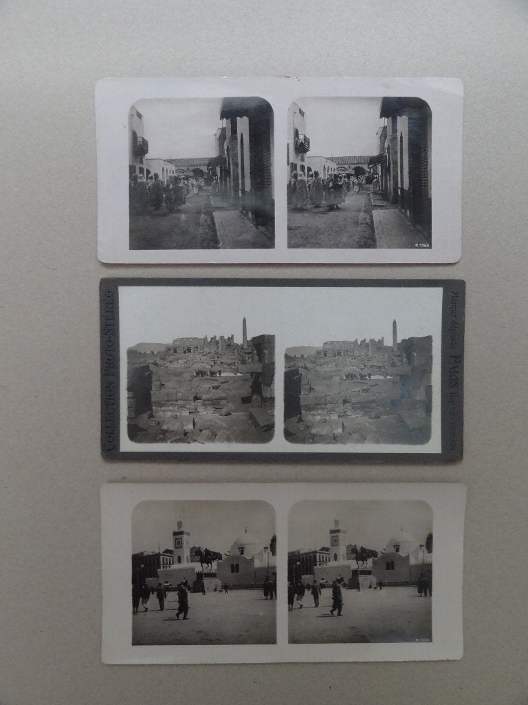 3 stereo fotos Biskra rue des bazars, Alger moskee,, Verzenden, Foto, Fotografie, Handgemaakt