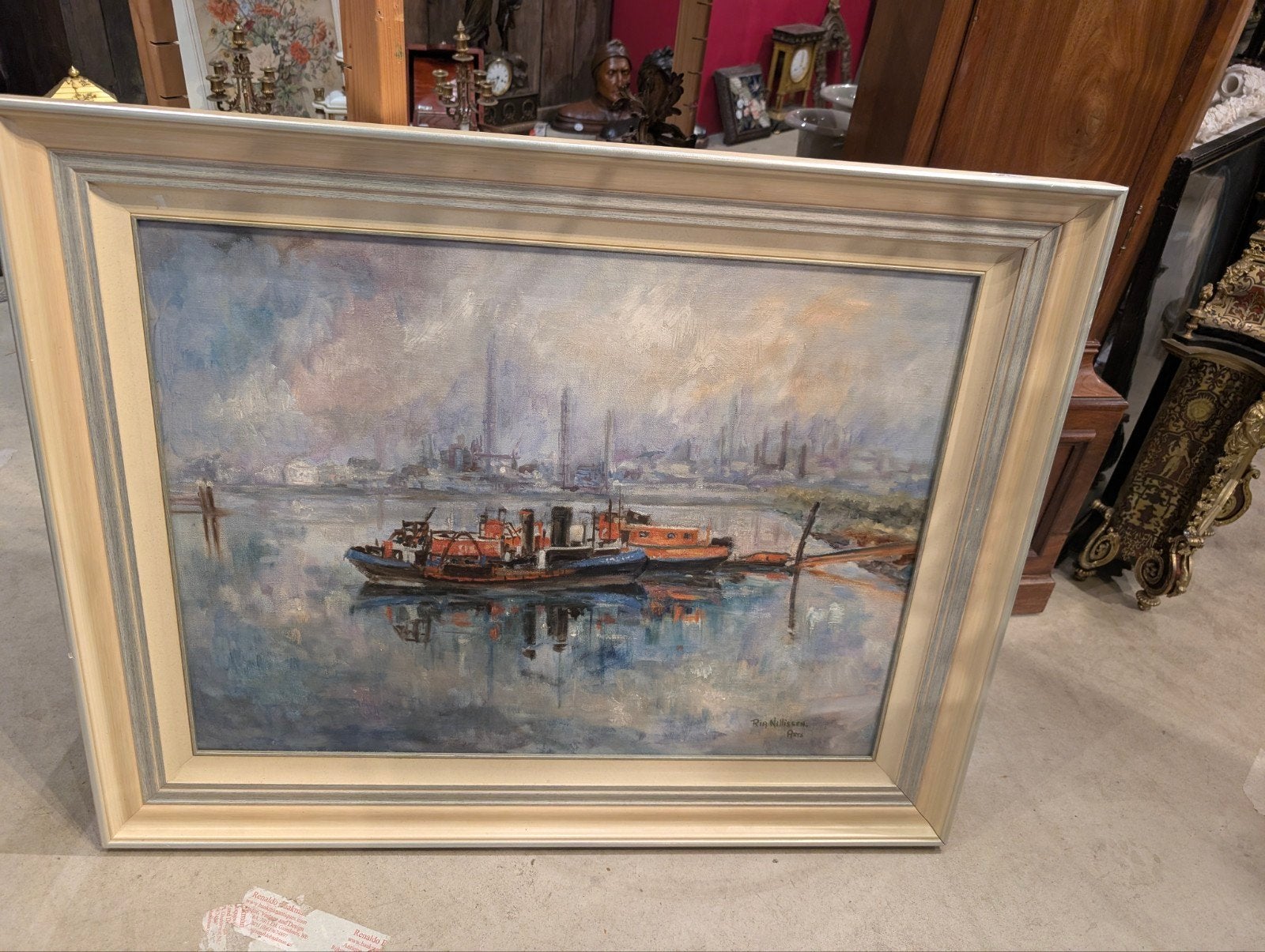 schilderij met boot - haven. 100 x75. €50, Antiek en Kunst, Ophalen