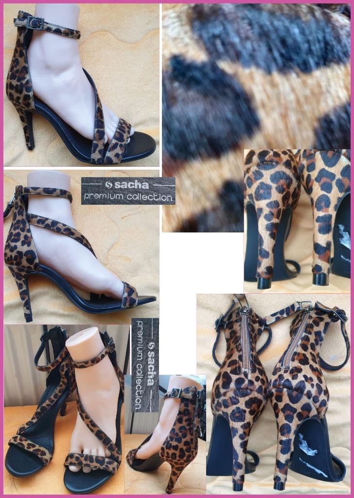 SACHA Premium leren hakken/sandalen met dierenprint maat 38, Zwart, Ophalen of Verzenden, Zo goed als nieuw, Schoenen met hoge hakken