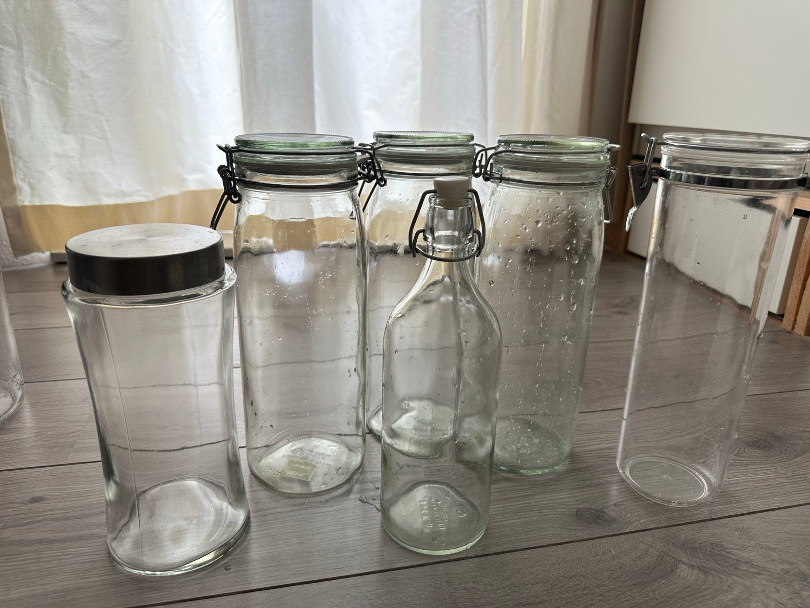 Set van 6 glazen voorraadpotten en flessen, Huis en Inrichting, Voorraadpot, Ophalen, Zo goed als nieuw, Glas