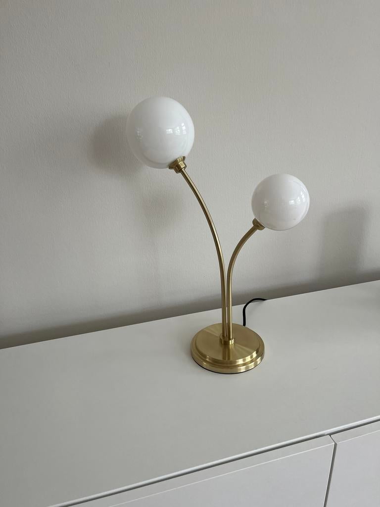 Gouden tafellamp met twee opalen bollen, Ophalen, Zo goed als nieuw, Glas