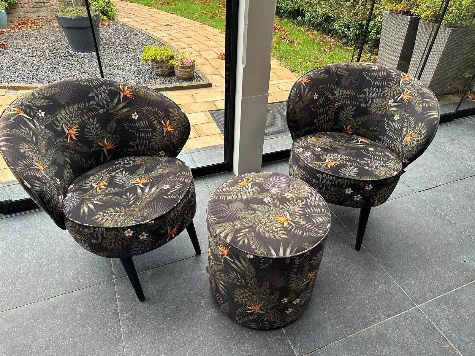 Sissy-Boy / WOOOD fauteuils en poef met tropische print, Huis en Inrichting, Ophalen, Gebruikt, Twee, Overige kleuren