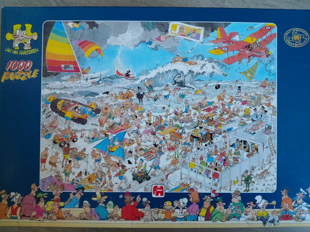 Op het strand, puzzel Jan van Haasteren 1000 st. te koop, Ophalen of Verzenden, 500 t/m 1500 stukjes, Gebruikt, Legpuzzel