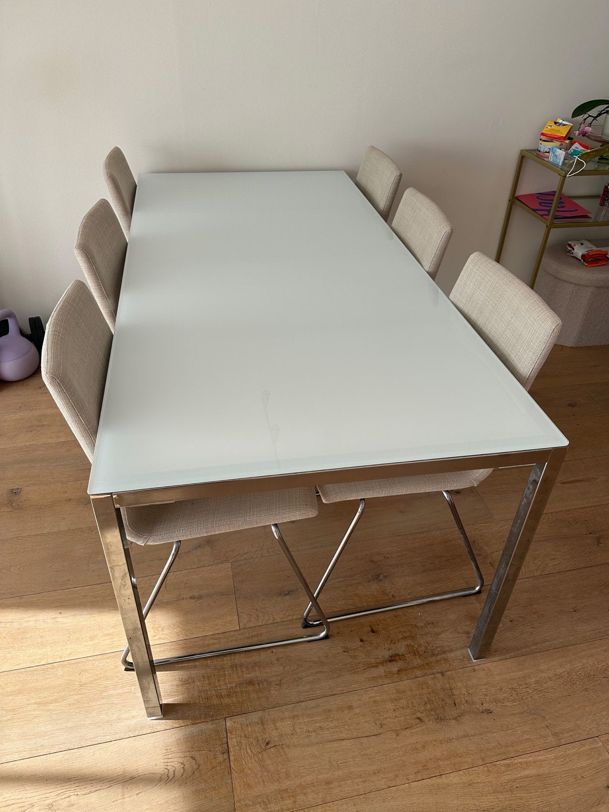 Torsby eettafel € 50,- (ikea) met verchroomd onderstel, Ophalen, Gebruikt, 50 tot 100 cm, Glas