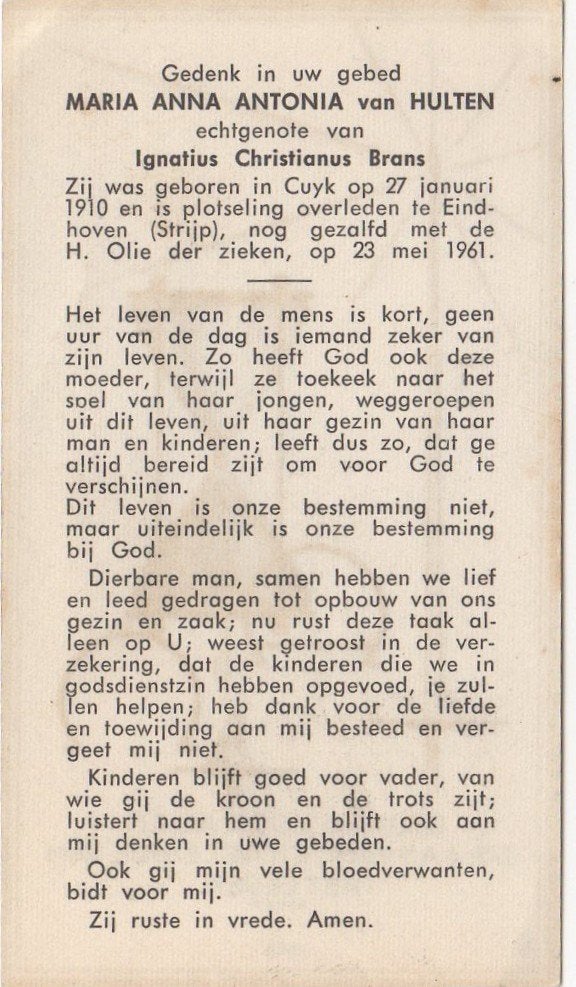 Maria Anna A. van Hulten 1910 Cuyk + 1961 Eindhoven (Strijp), Verzamelen, Bidprentjes en Rouwkaarten, Verzenden