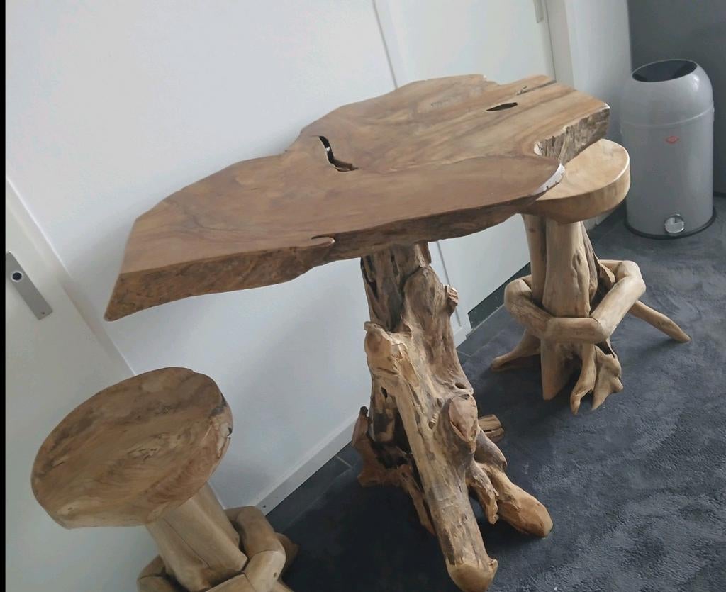 Unieke Teakhouten bar met Krukken - Natuurlijke Vorm, Rustiek, Organisch, Natuurlijk, Zo goed als nieuw, 75 cm of meer, Overige vormen