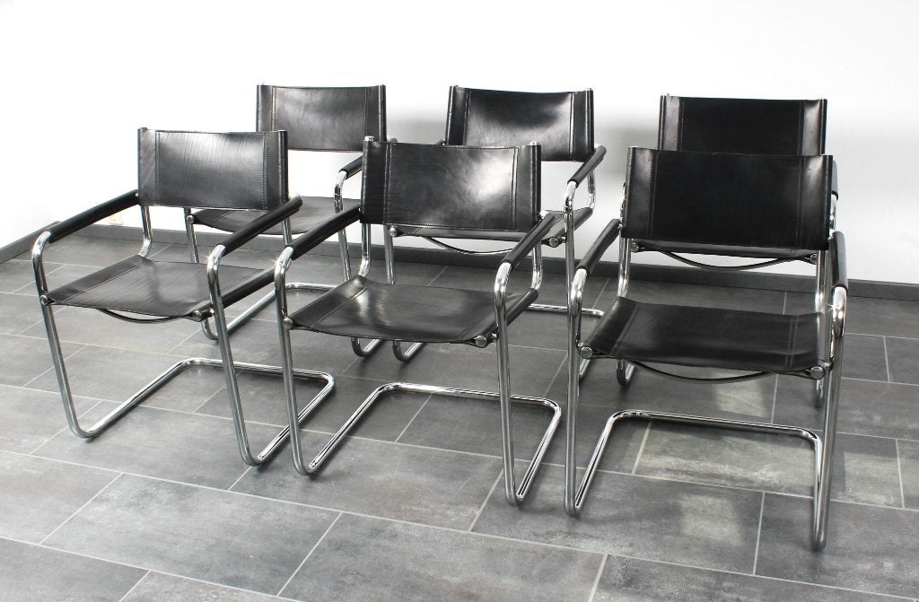 Set van 6 Matteo Grassi MG5 buisframe stoelen, Gebruikt, Ophalen of Verzenden, Vijf, Zes of meer stoelen, Leer