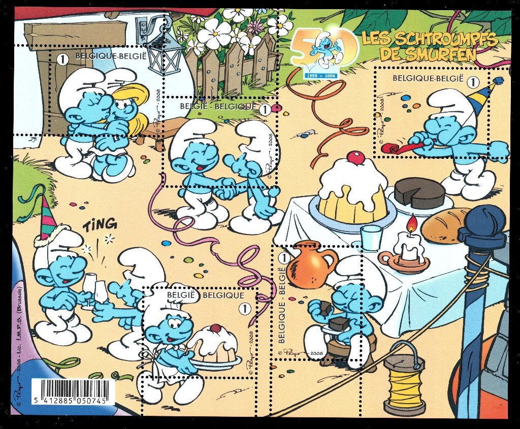 Jaar 2008 Yv BF 159 Blok Smurfen met de 5 zegels 3791-3795., Ophalen of Verzenden, Postfris