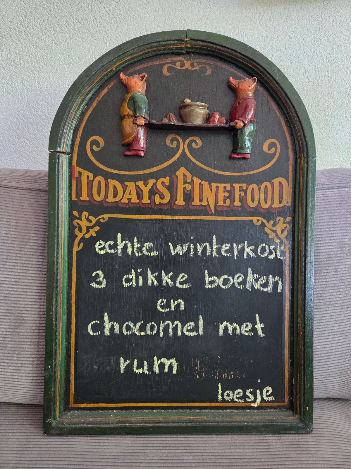 Vintage Houten Bord 'Todays Finefood' met Varkensfiguren, Ophalen of Verzenden