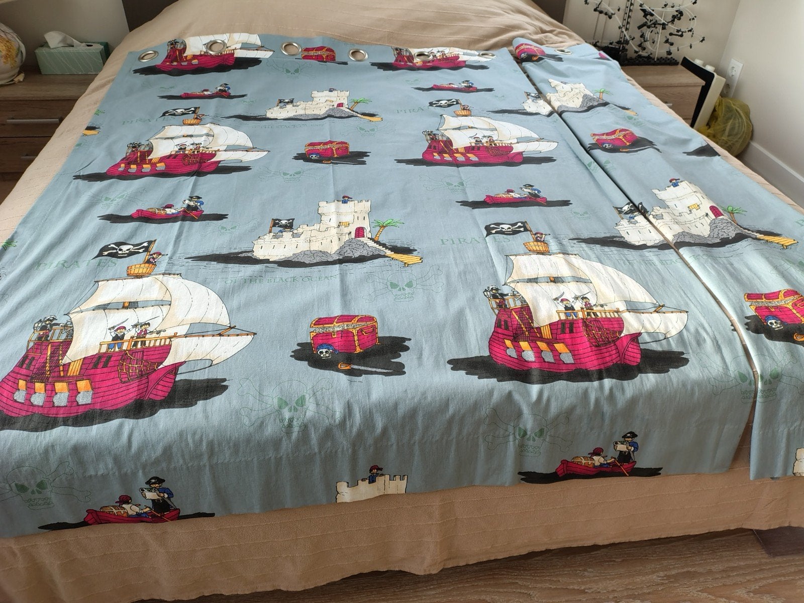 Gordijnen kinderkamer, piraten, schip, blauw, Met ringen, Blauw, Ophalen of Verzenden, Zo goed als nieuw
