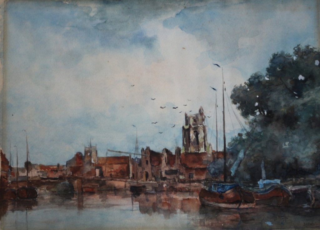Gezicht op Dordrecht, aquarel, voluit gesigneerd., Maritiem / water, Ophalen of Verzenden, Papier, Klassiek