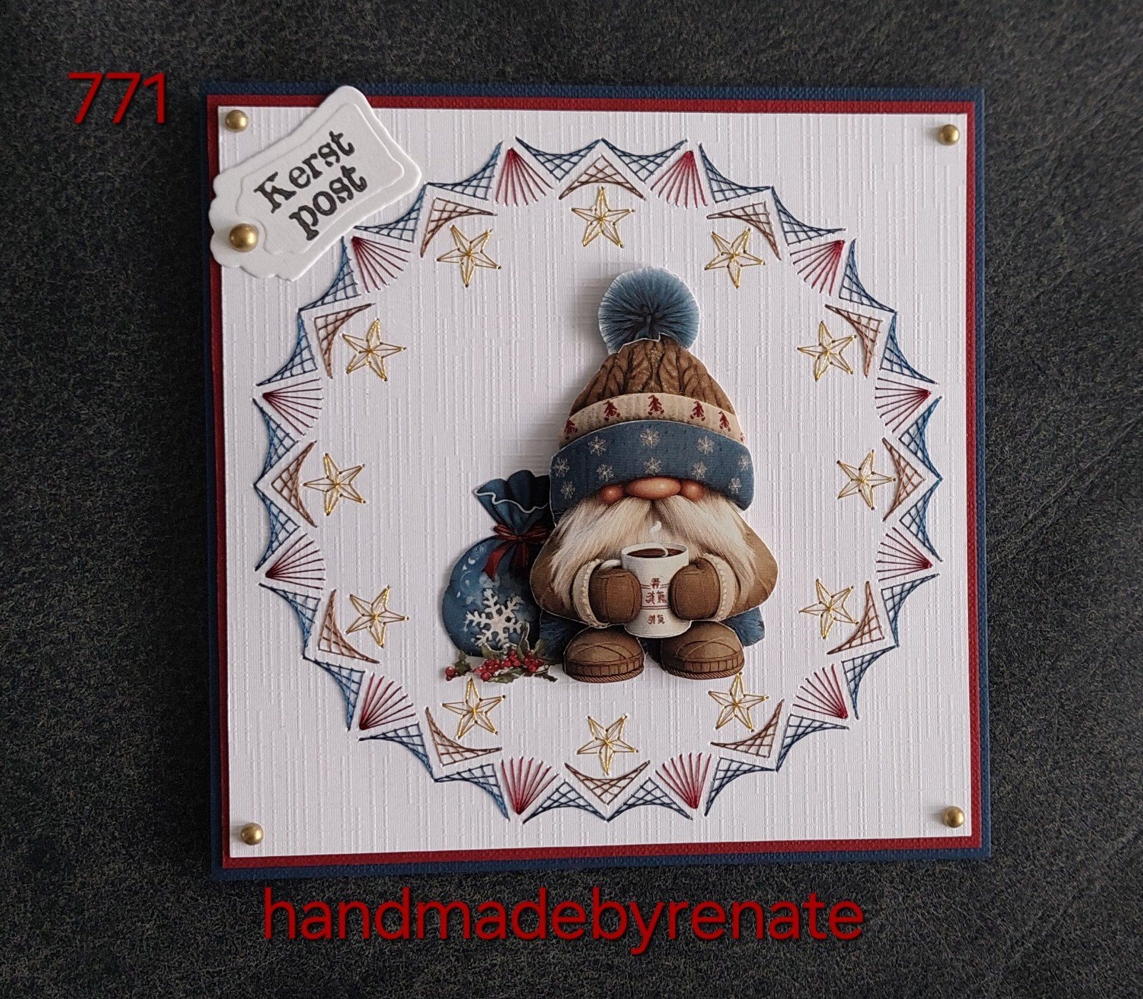 Nr. 771 Handgemaakte geborduurde kerstkaart gnome, Ophalen of Verzenden, Nieuw, Overige thema's
