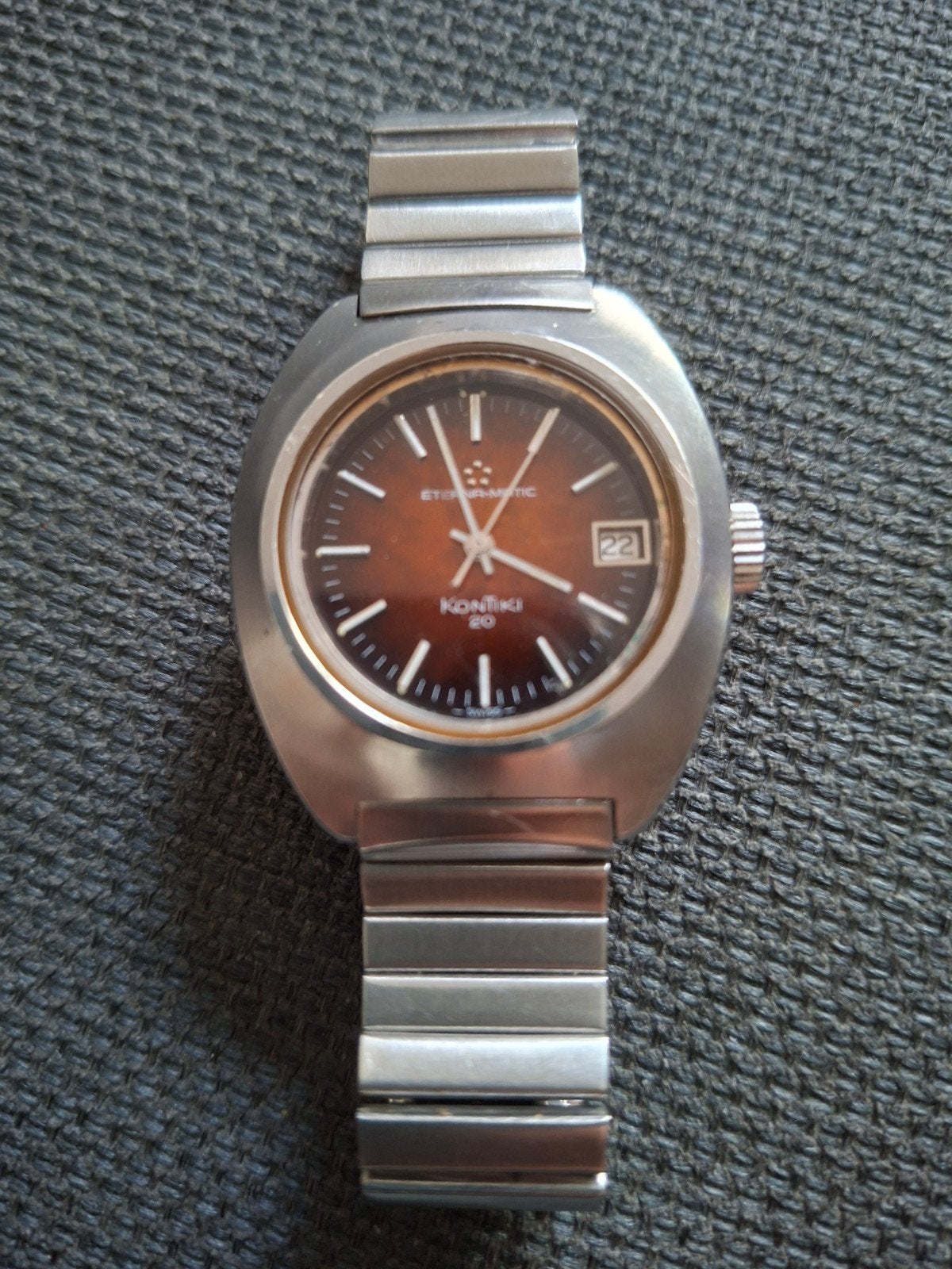 vintage eterna-matic kontiki 20 jaren 70  originele band, Staal, Gebruikt, Staal, Polshorloge