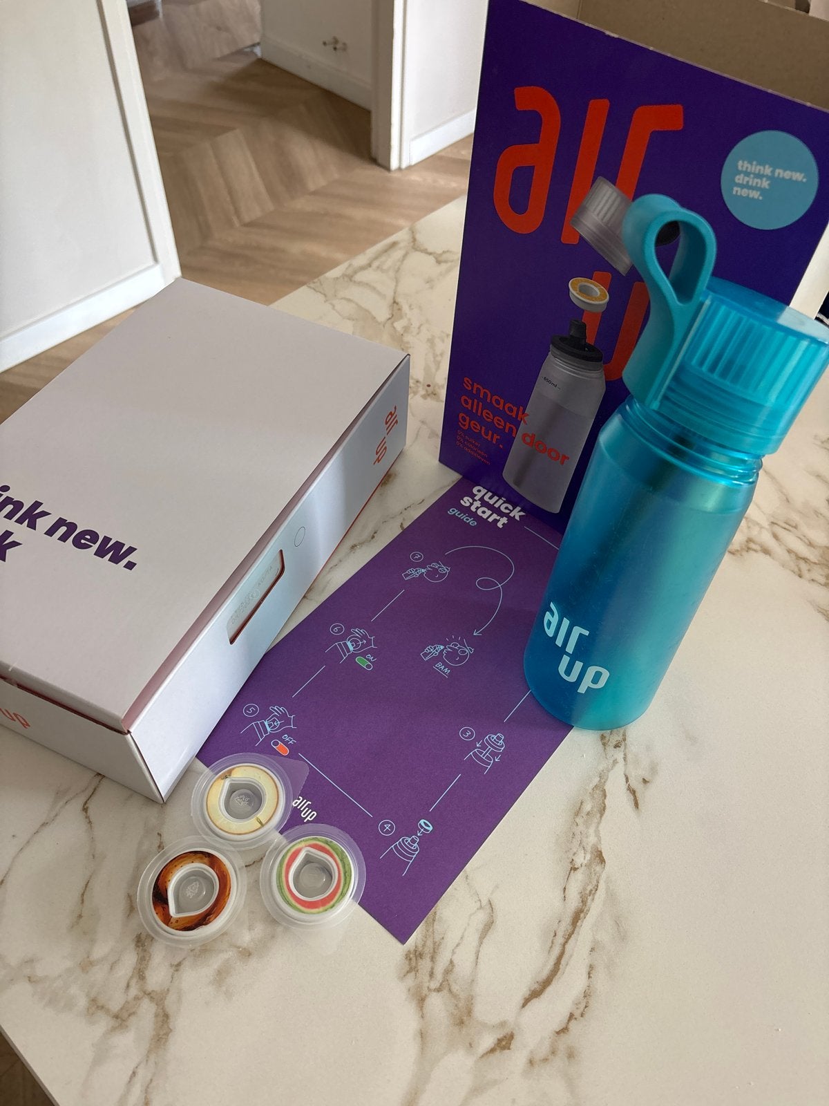 Complete Air Up set - Lichtblauw fles met 3 pods, Kunststof, Ophalen of Verzenden, Zo goed als nieuw, Overige merken