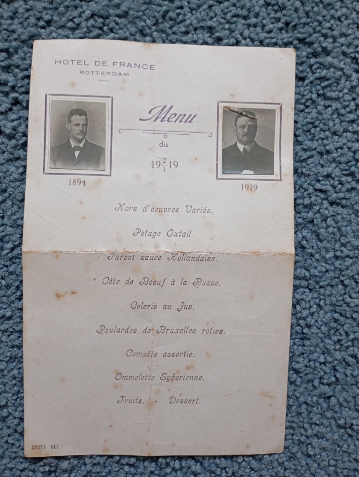 Vintage Hotel de France Rt Menukaart 1919 Zeldzaam Museaal, Antiek en Kunst, Curiosa en Brocante, Ophalen of Verzenden