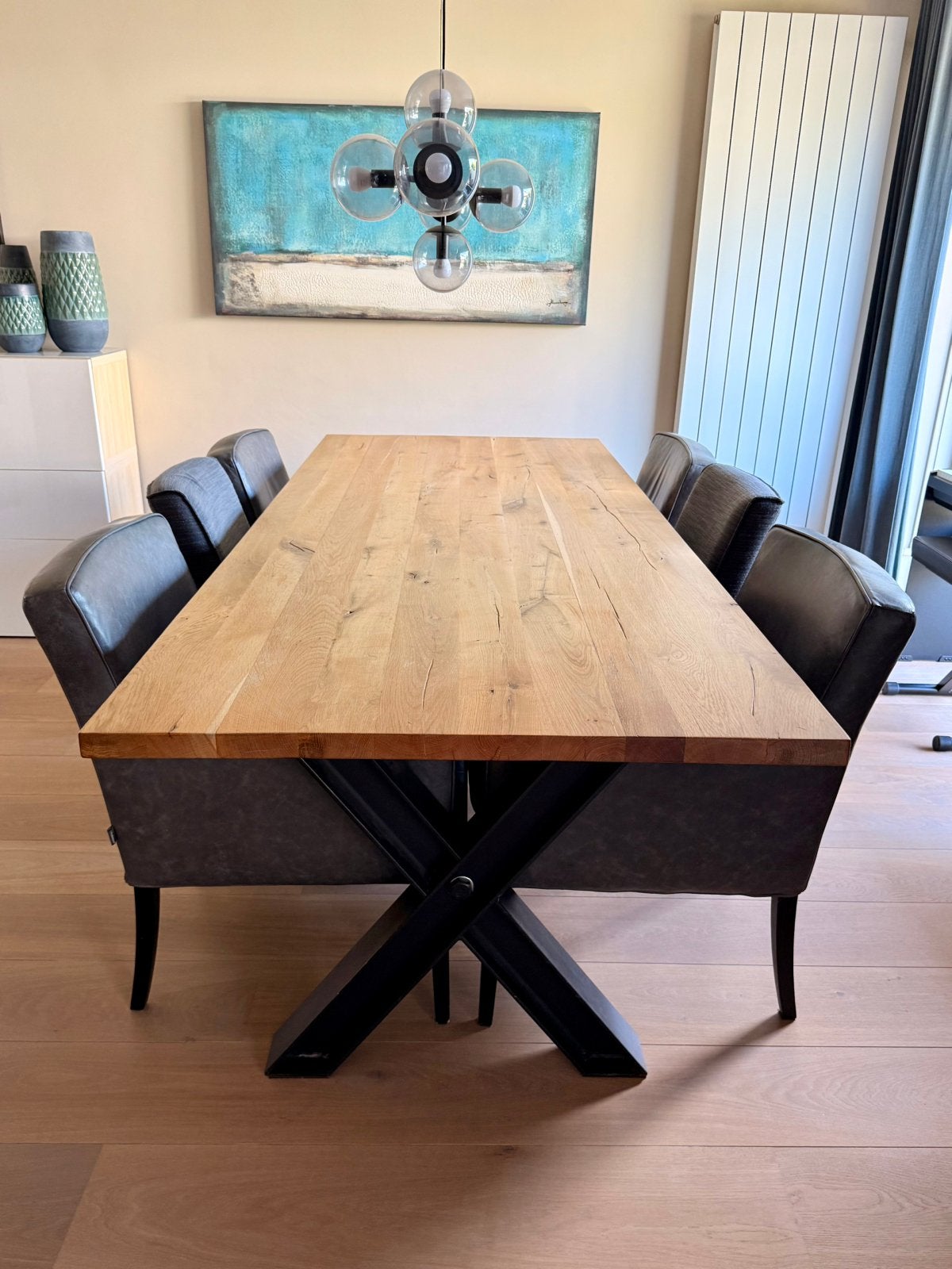 Massief eiken boomstamtafel 260 x 100 + 6 eetkamerstoelen, Ophalen, Gebruikt, 100 tot 150 cm, 200 cm of meer
