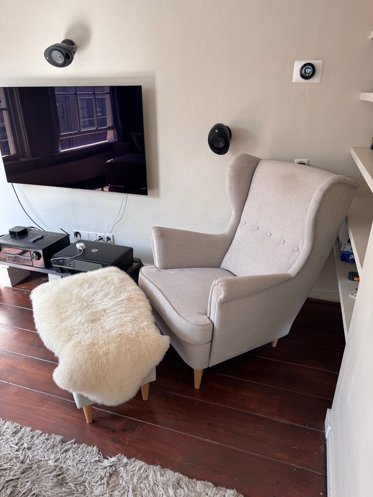 IKEA beige arm chair with stool, Huis en Inrichting, Ophalen, Gebruikt, 75 tot 100 cm, Stof