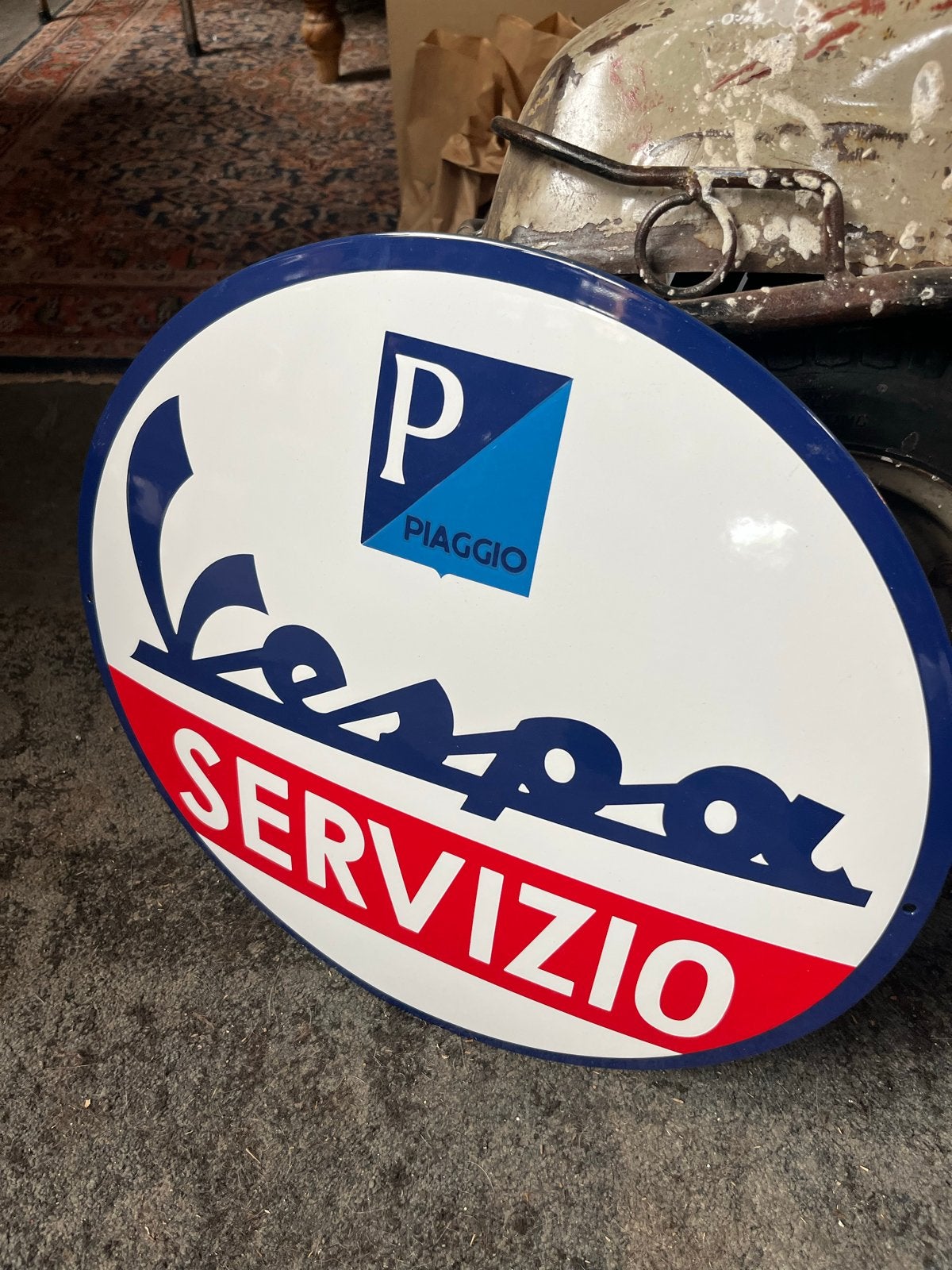Nieuw Vespa Servizio Piaggio Emaille Bord - 50cm Diameter, Verzamelen, Merken en Reclamevoorwerpen, Reclamebord, Nieuw, Ophalen of Verzenden