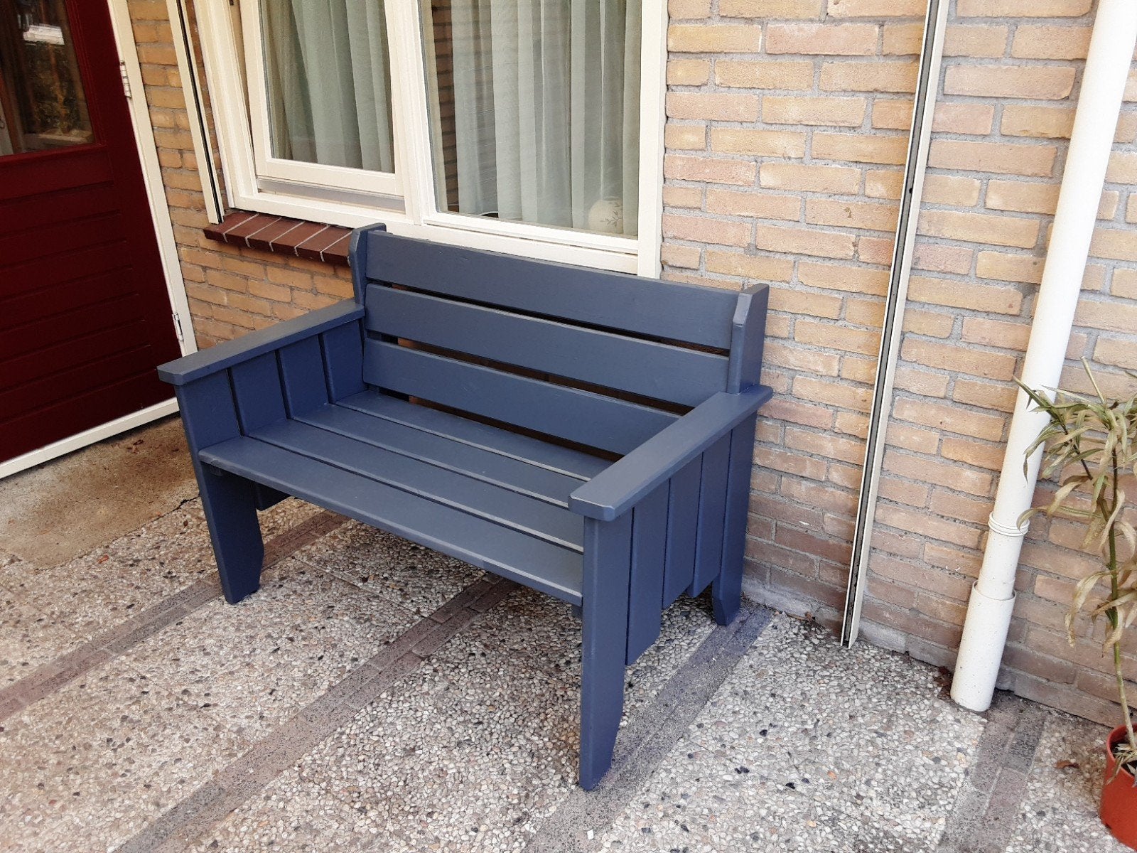 Grijze houten tuinbank 120cm lang, zithoogte 42cm, Tuin en Terras, Ophalen, Gebruikt, Hout