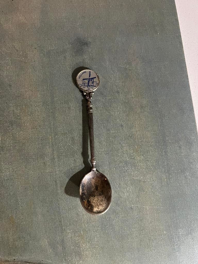 Verzilverd lepeltje Holland Delfts Blauw, gemerkt; molen., Antiek en Kunst, Antiek | Goud en Zilver, Ophalen of Verzenden, Zilver