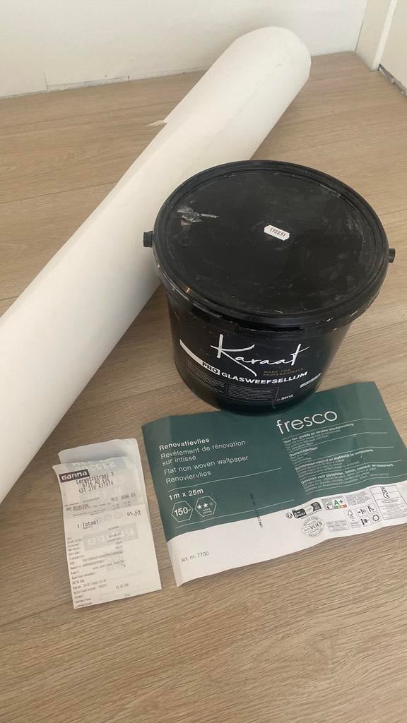 150 grams renovlies glasvezel behang 22 meter + 4 kg lijm, Doe-het-zelf en Verbouw, Ophalen, Zo goed als nieuw, Wit