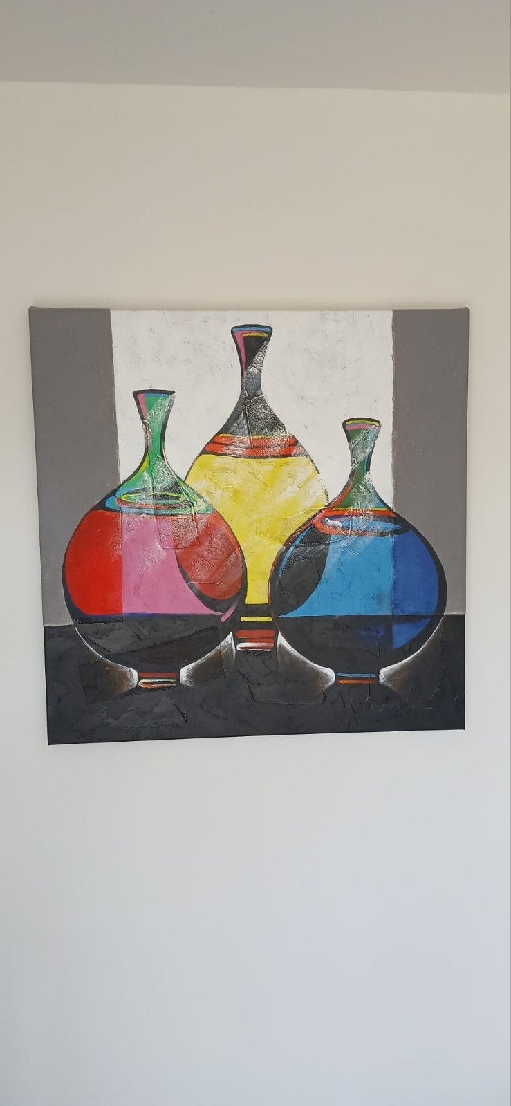 Abstracte kunst: Kleurrijke vazen op canvas, Ophalen