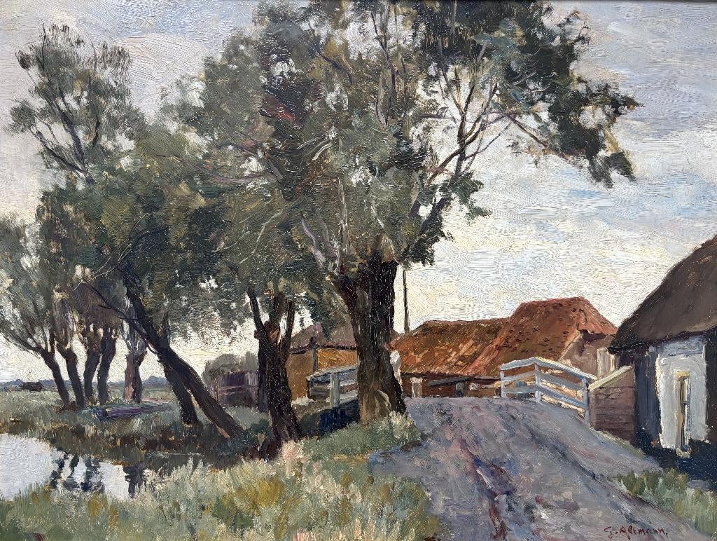Gerard Altmann (1877-1940) -  Boerderij achter dijk, Antiek en Kunst, Kunst | Schilderijen | Klassiek, Ophalen of Verzenden