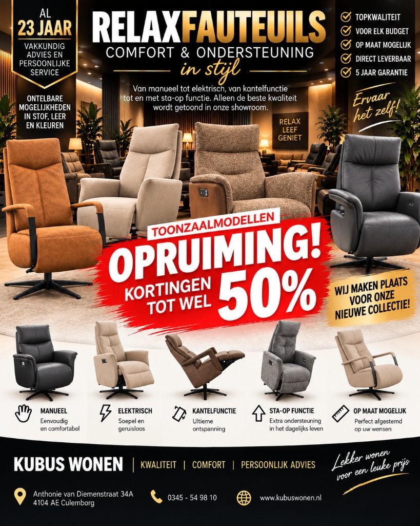 Opruiming relaxfauteuils tot wel 50% korting, Minder dan 75 cm, Nieuw, Ophalen of Verzenden, Leer