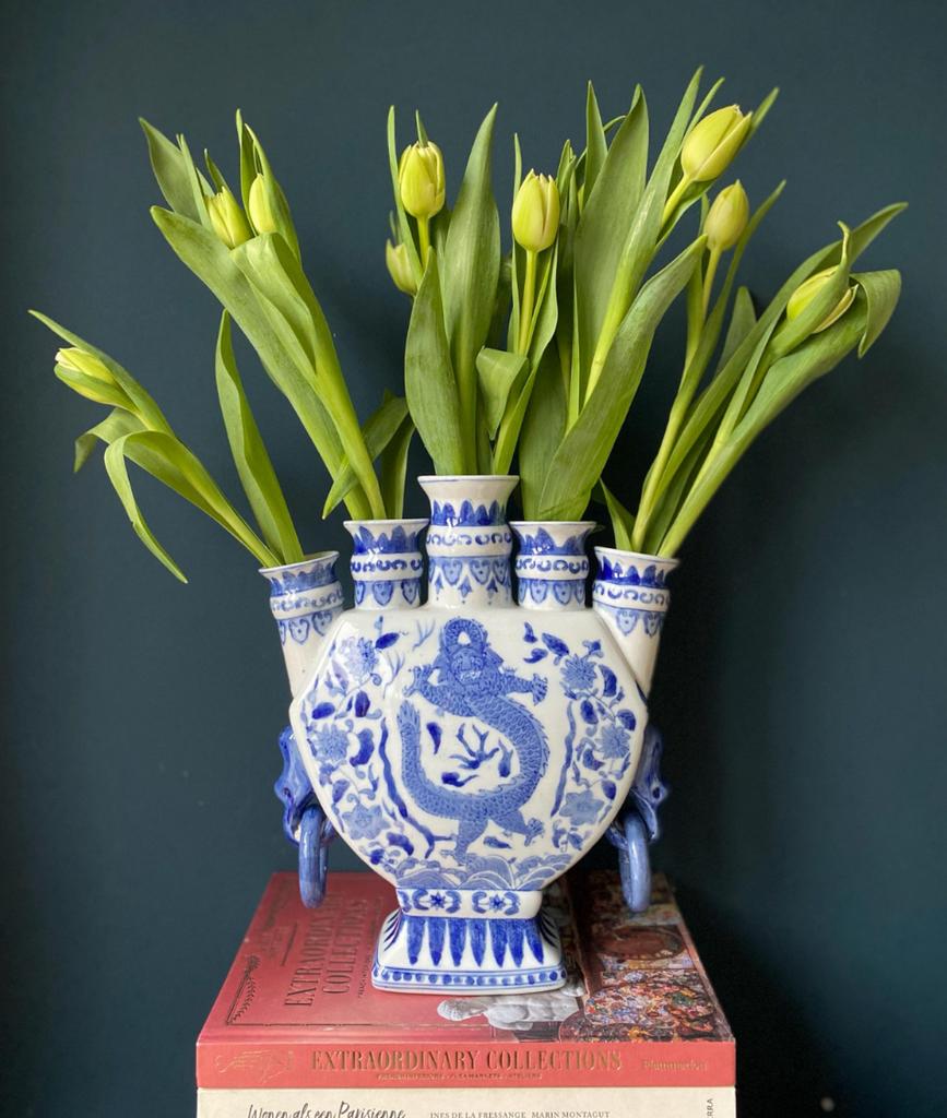 XL Chinese tulpenvaas blauw wit, Huis en Inrichting, Woonaccessoires | Vazen, Ophalen of Verzenden, Zo goed als nieuw, Blauw