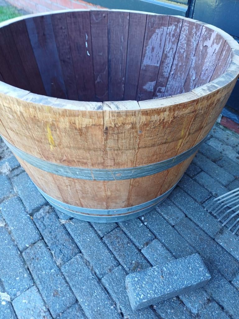 plantenbak Eikenhouten Bloembak Minivijver 115 Liter Wijnvat, Tuin en Terras, Ophalen, Rond, Zo goed als nieuw, 60 tot 100 cm