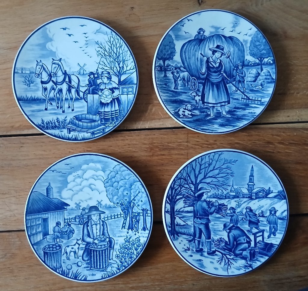 Set van 4 delfsblauwe wandborden met vier jaargetijden, Ophalen of Verzenden