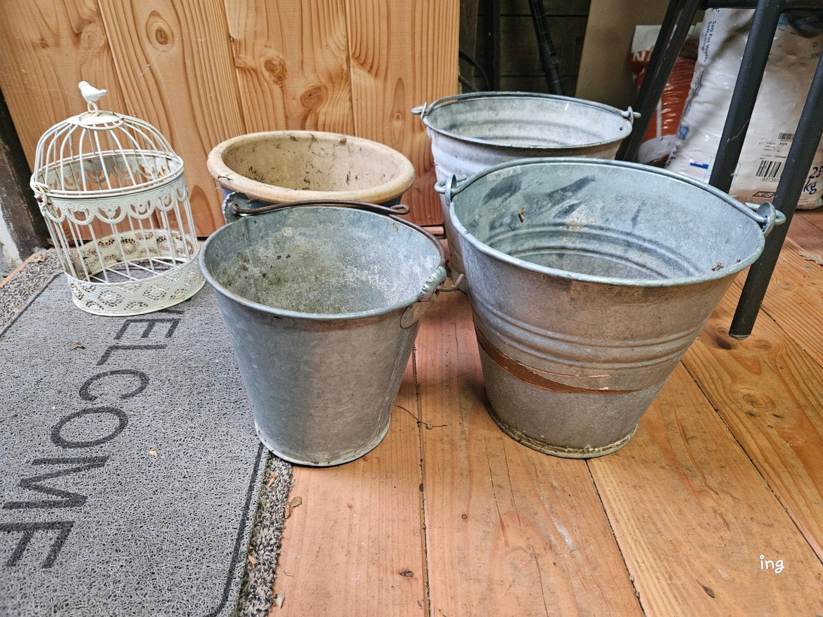 Set van 3 zinken emmers en 1 bloempot, kooitje en tuinbak, Ophalen, Gebruikt, Minder dan 30 cm, Minder dan 60 cm