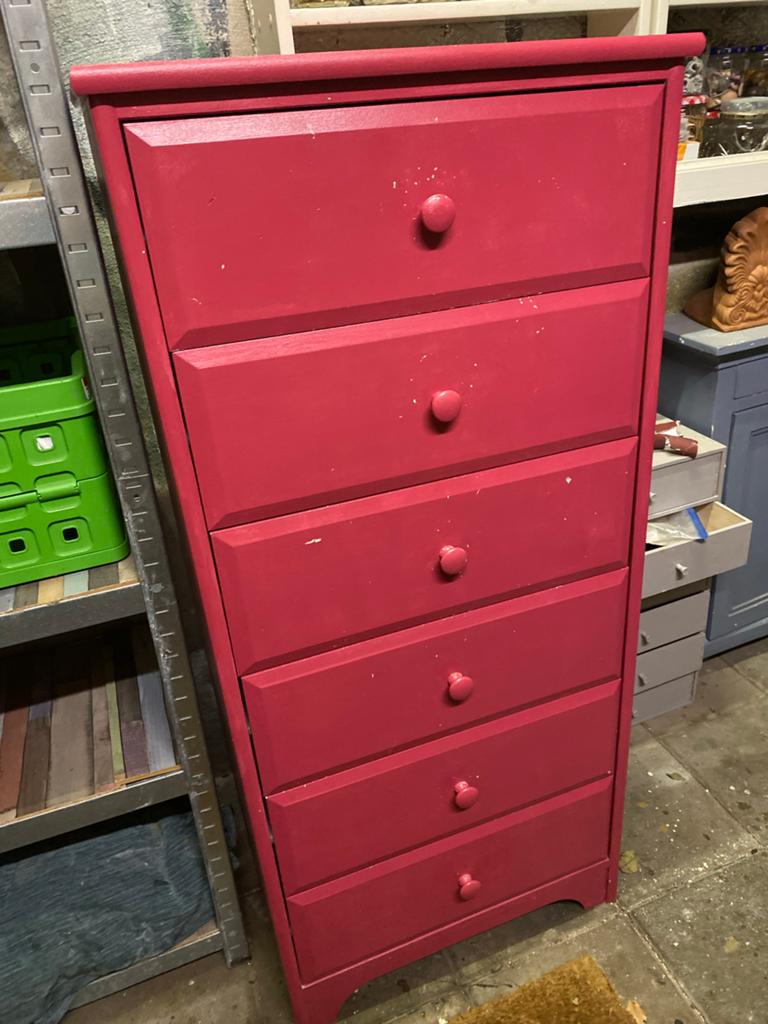 Rood kastje met 6 lades - 58x128x40 cm, Huis en Inrichting, Kasten | Ladekasten, Ophalen, Gebruikt, 5 laden of meer, 100 tot 150 cm
