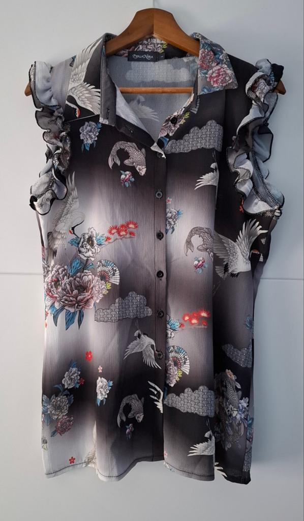 Blouse zwart/grijs met kleurrijk motief Perla Nera mt L40/42, Overige kleuren, Ophalen of Verzenden, Zo goed als nieuw, Maat 38/40 (M)