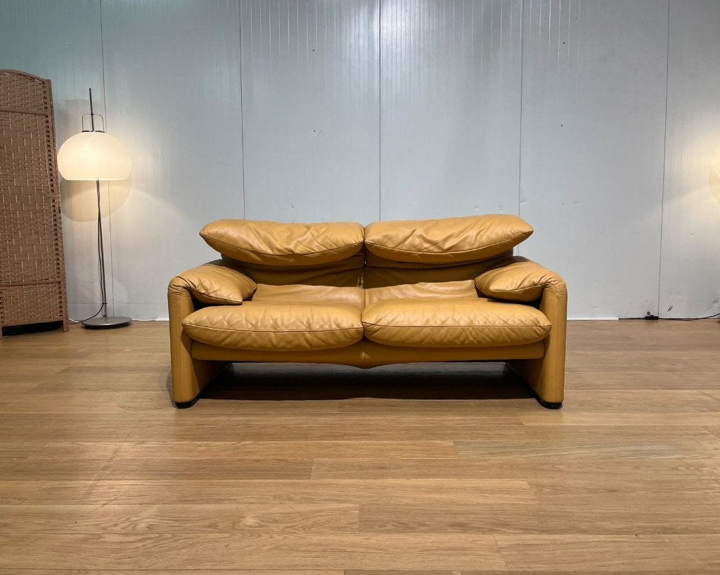 2x Nieuwstaat Cassina Maralunga 2-Zits Bank Bruin Leer, 150 tot 200 cm, Rechte bank, Design Bank Bankstel Zetel 2-Zits Cassina