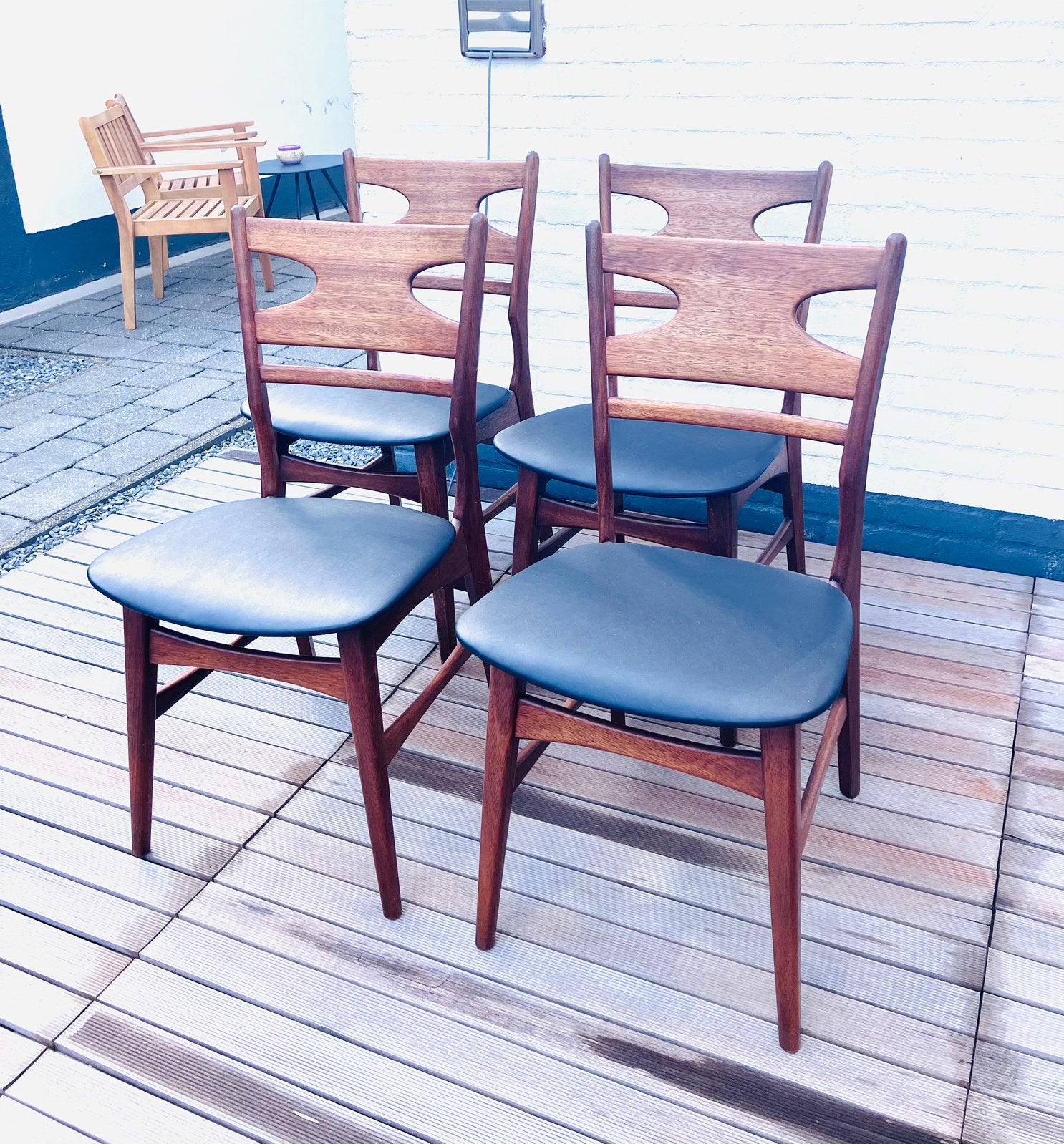Vier Deense vintage eetkamerstoelen teak, Huis en Inrichting, Stoelen, Ophalen, Vintage. Deens, Zo goed als nieuw, Vier
