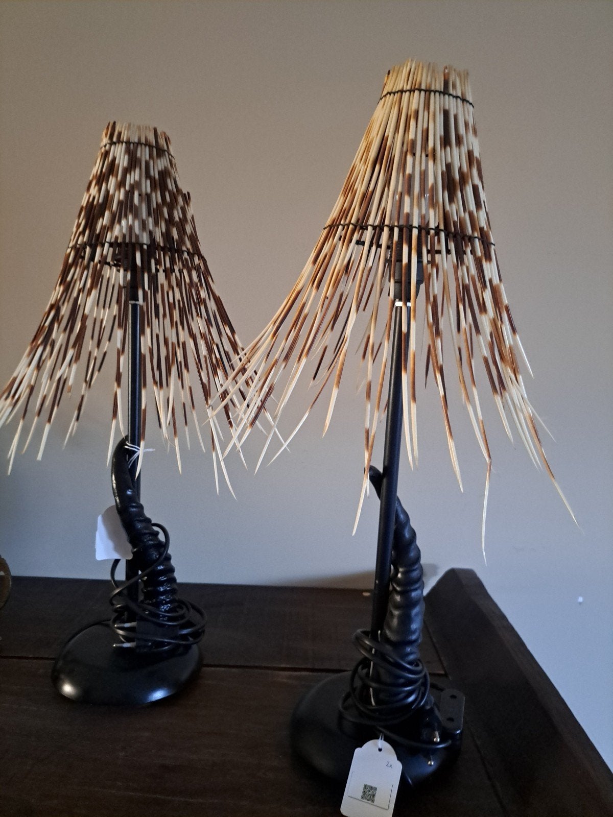 Unieke set  tafellampen met echte stekelvarkenpennen., Ophalen, Gebruikt, Kunststof, Handgemaakt