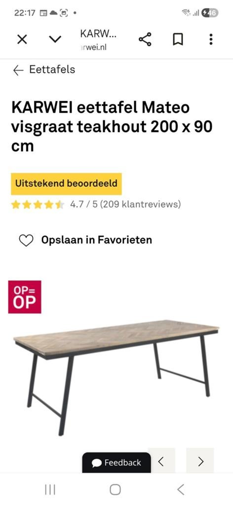 Mateo visgraat teakhouten tafel 200x90, Huis en Inrichting, Tafels | Sidetables, Ophalen, 75 cm of meer, 200 cm of meer, Zo goed als nieuw