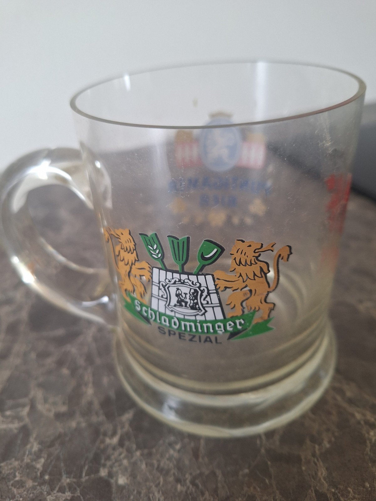 Bijzondere glazen bierpul met opdruk - ongebruikt, Ophalen