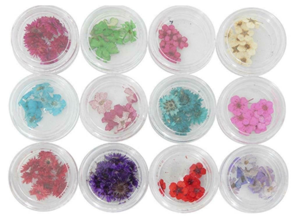 12x gedroogde bloemen - nail art potjes - in box - nailart, Overige kleuren, Nieuw, Ophalen of Verzenden, Handen en Nagels