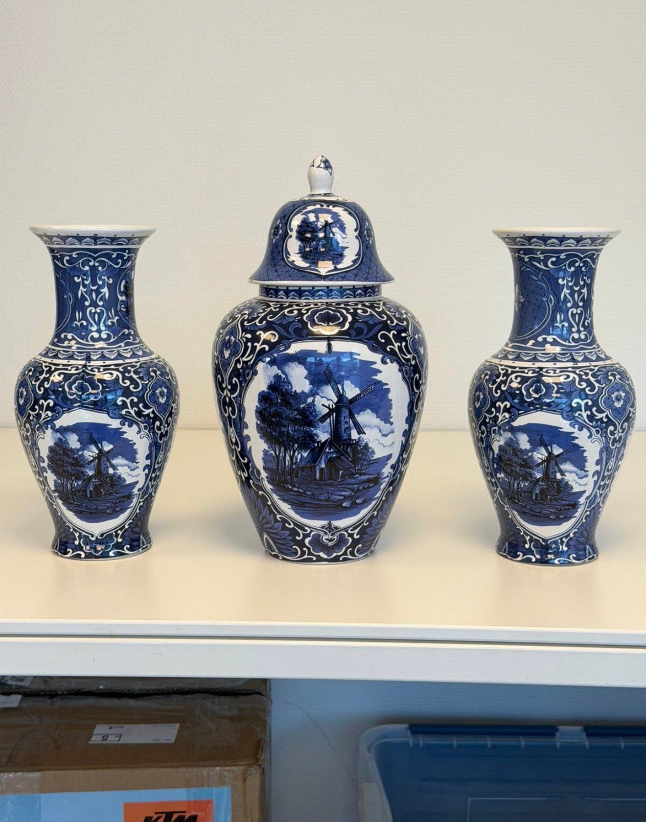 Delfts delft Blauw 3-delig Kaststel Molens Vazen Dekselpot, Antiek en Kunst, Ophalen of Verzenden