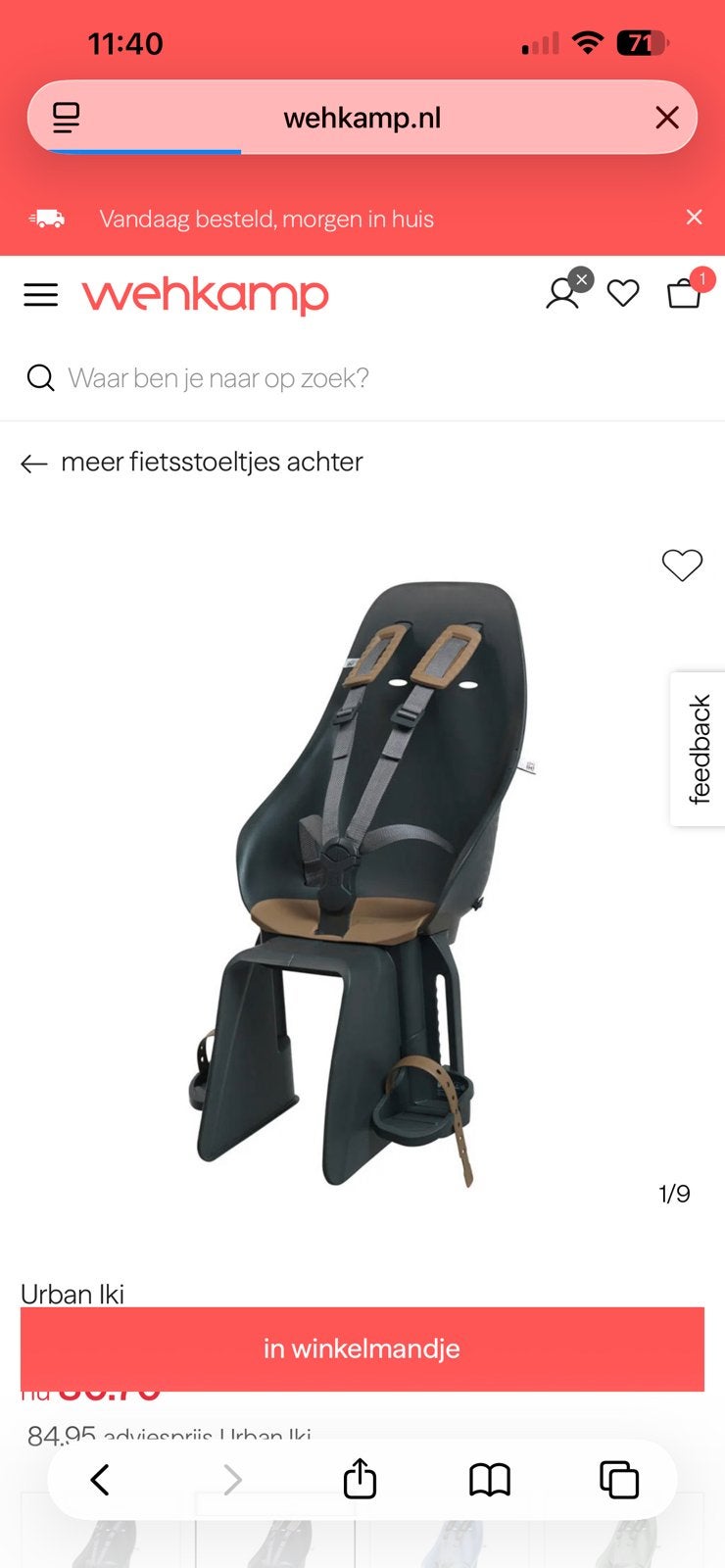 Fietsstoeltje urban iki bruin/ grijs, Fietsen en Brommers, Fietsaccessoires | Fietsstoeltjes, Ophalen, Gebruikt